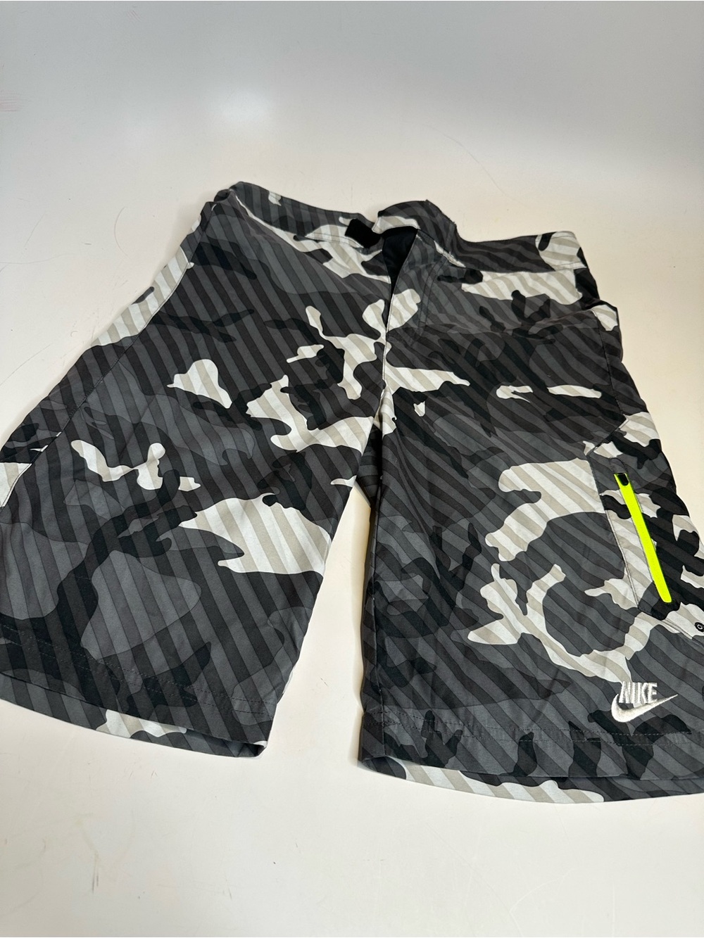 Nike Black, Gray & White Camo Athletic Shorts with Neon Accent